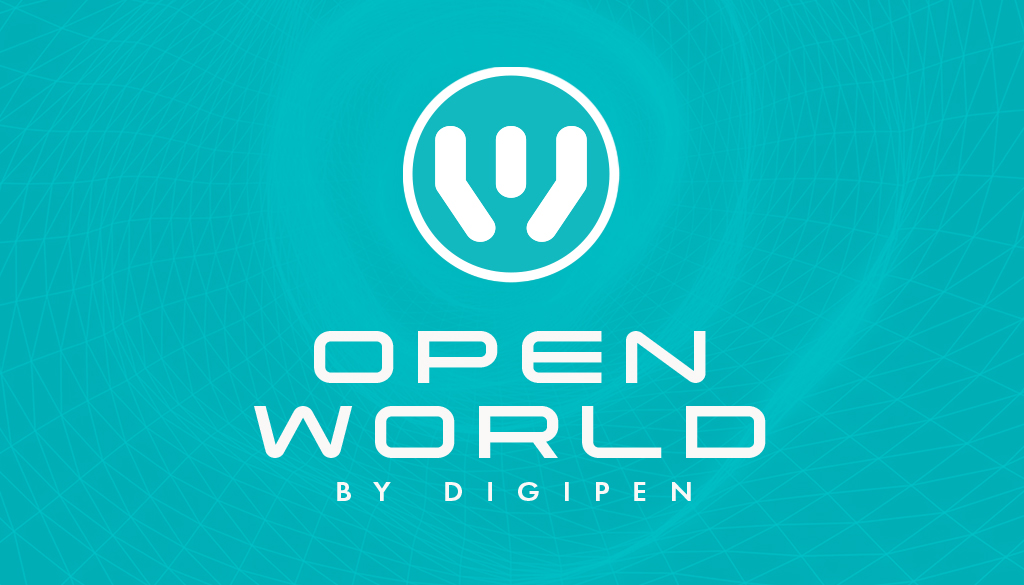 Open World by DigiPen logo over decorative background image
